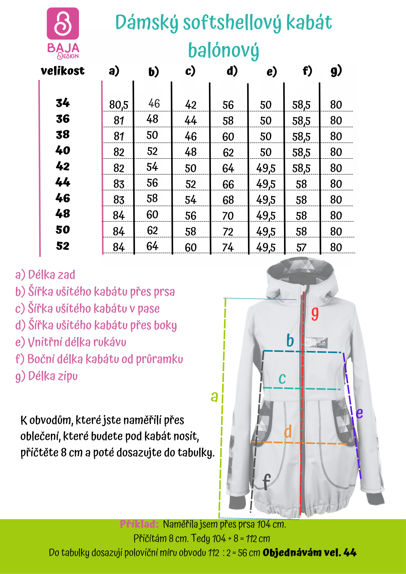 BALONOVÝ softshellový kabát - vel. tabulka